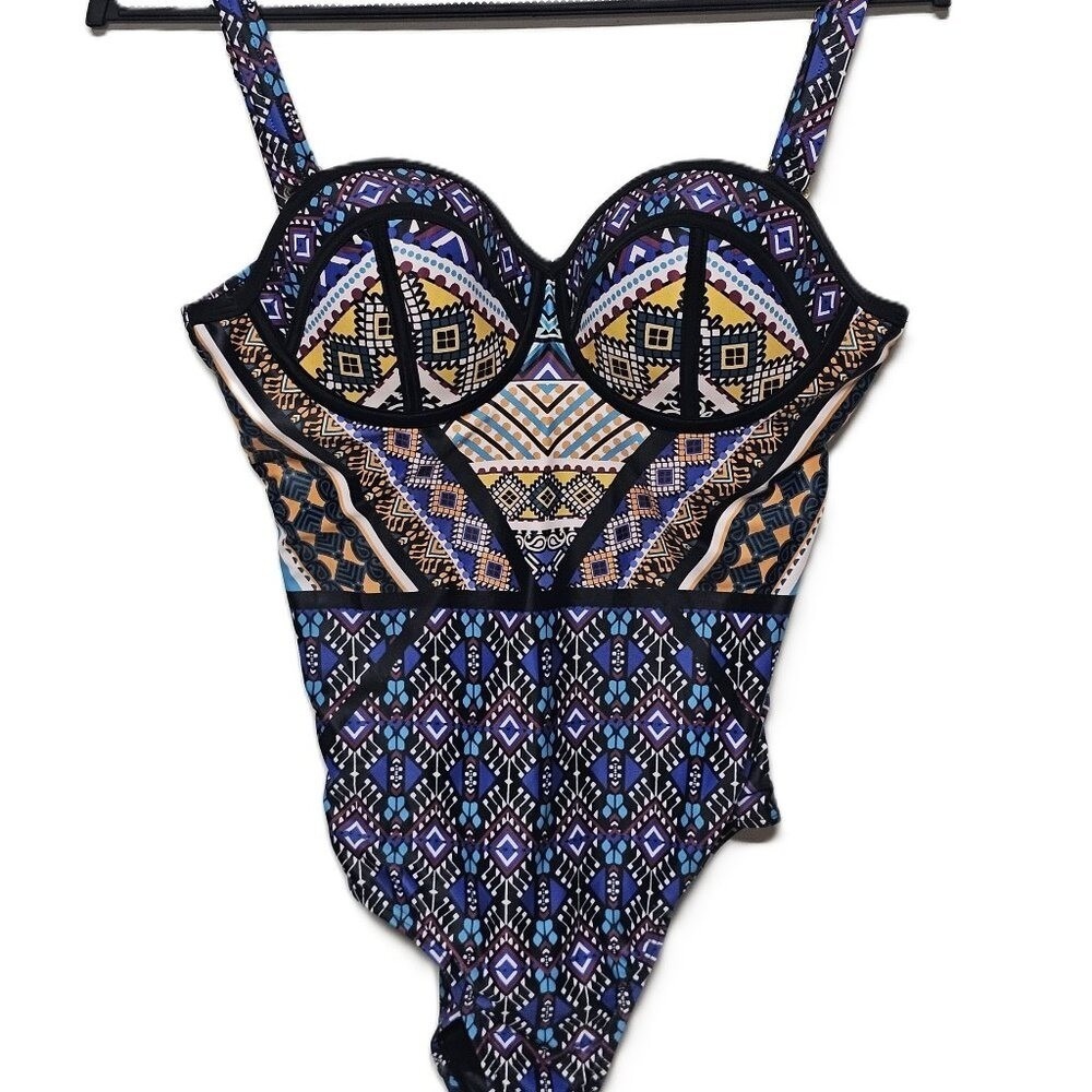 Swimsuits For All Womens Blue Geometric Tribal Underwire One Piece Swimsuit 8